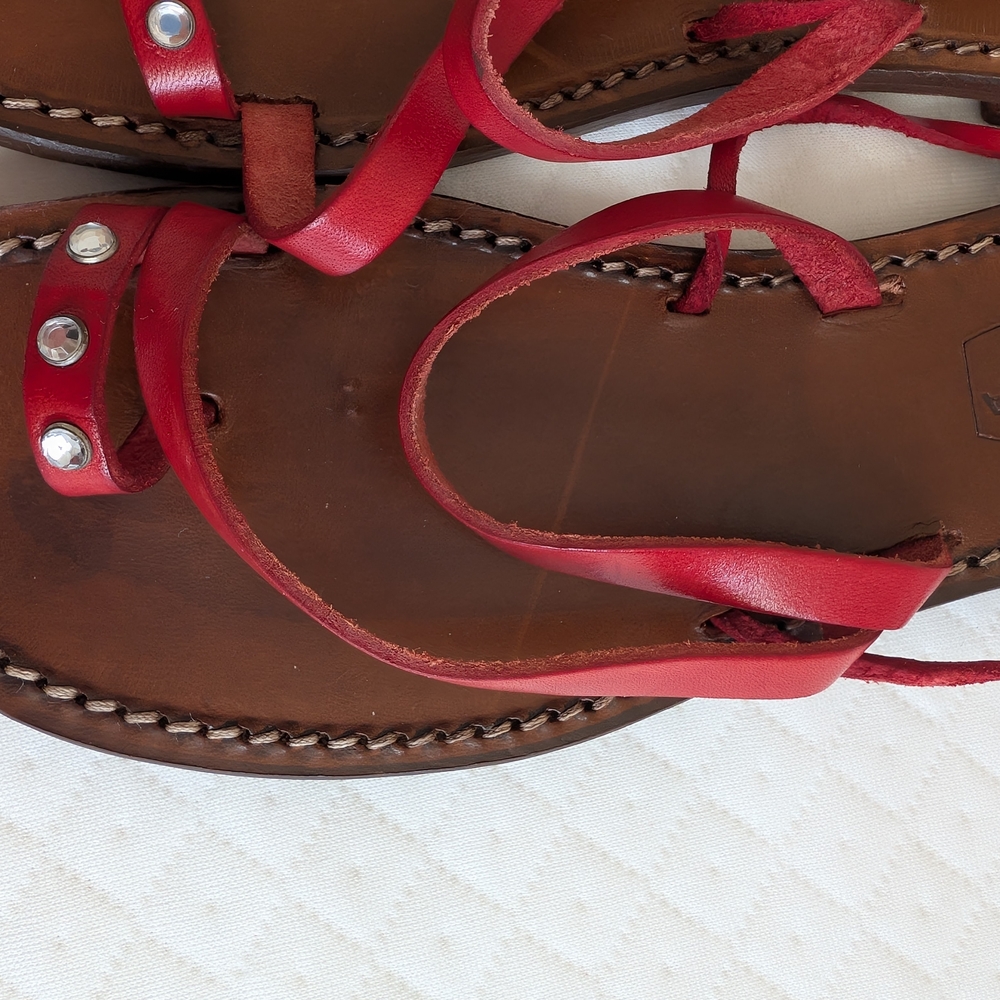 Spaziomoda Red Leather Lace-Up Strappy Gladiator Sandal, diamond studs, size 7.5 - Picture 12 of 15